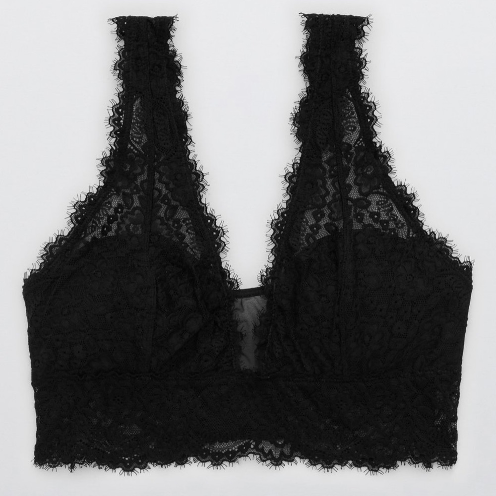 Aerie Eyelash Lace Padded Plunge Bralette Black